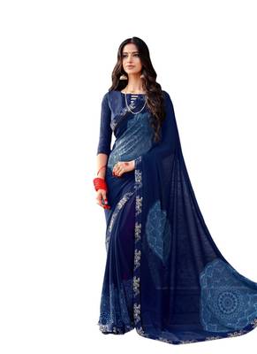 Navy blue printed georgette saree with blouse 1