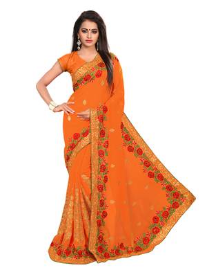 Orange embroidered georgette saree with blouse 1