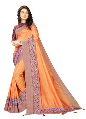 Orange embroidered cotton silk saree with blouse 1