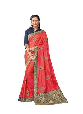 Pink embroidered art silk saree with blouse 1