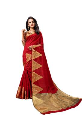 Red woven cotton silk saree with blouse 1
