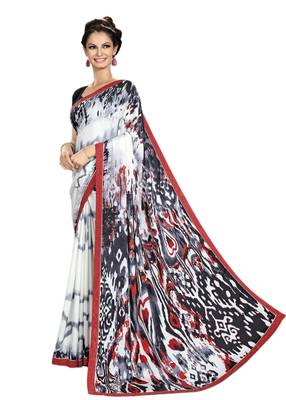 White printed crepe saree with blouse 1