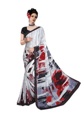 White printed crepe saree with blouse 1