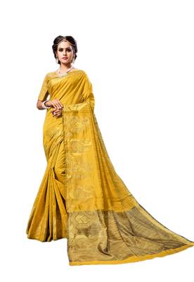 Yellow woven cotton silk saree with blouse 1