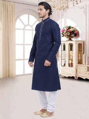 Navy Blue Plain Cotton Kurta Pajama 2