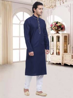 Navy Blue Plain Cotton Kurta Pajama 3