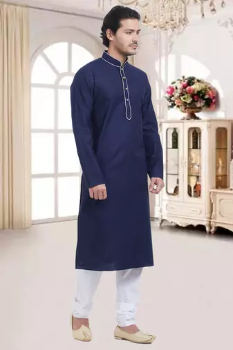 Navy Blue Plain Cotton Kurta Pajama