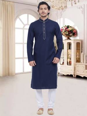 Navy Blue Plain Cotton Kurta Pajama 4