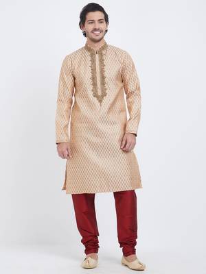 Fawn Plain Art Silk Kurta Pajama 5