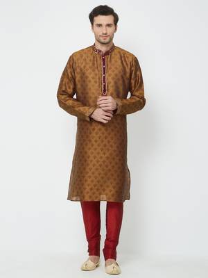 Brown Embroidered Cotton Kurta Pajama 1