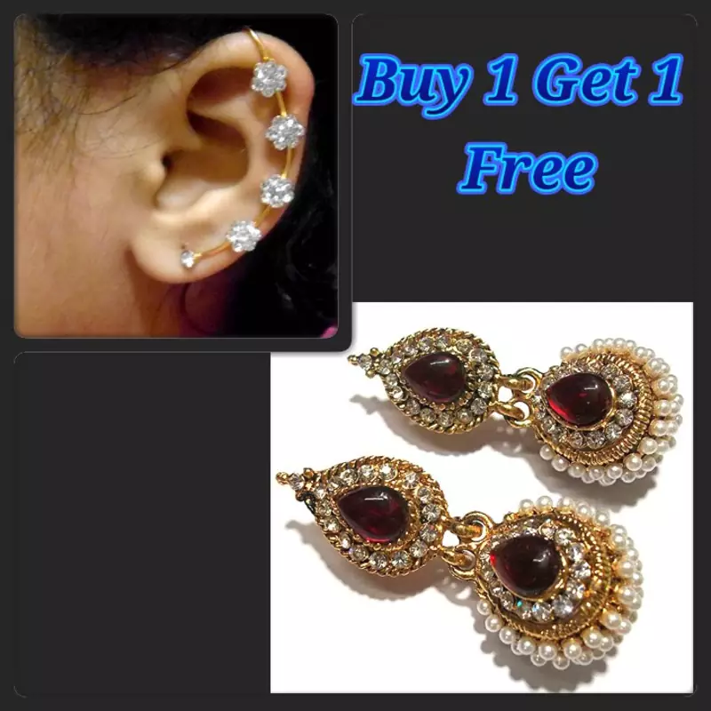 Maroon Kundan Pearl Jhumka and Free Ear Cuf