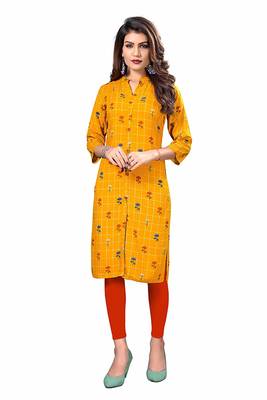 Yellow Printed Rayon Kurti 1