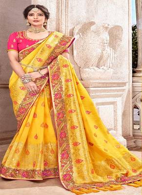 Mustard woven silk saree with blouse 2