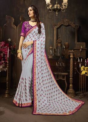 Light grey printed georgette saree with blouse 1
