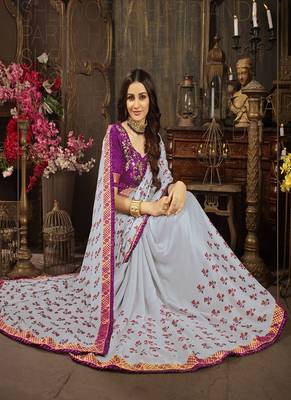 Light grey printed georgette saree with blouse 2