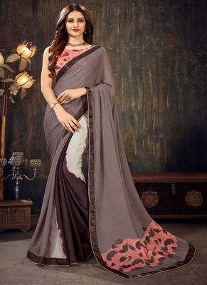 Slate grey printed chiffon saree with blouse 1