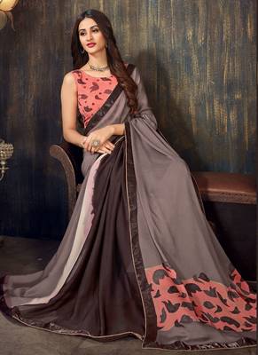 Slate grey printed chiffon saree with blouse 2