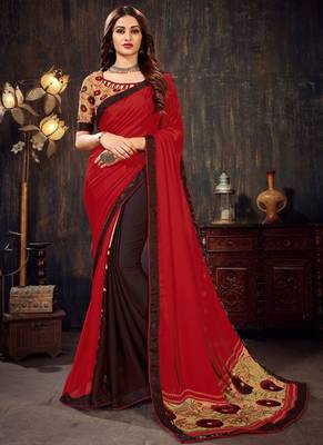 Maroon printed chiffon saree with blouse 1