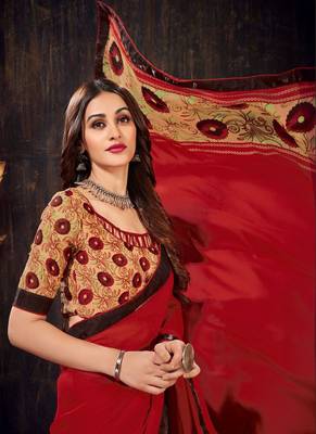 Maroon printed chiffon saree with blouse 2