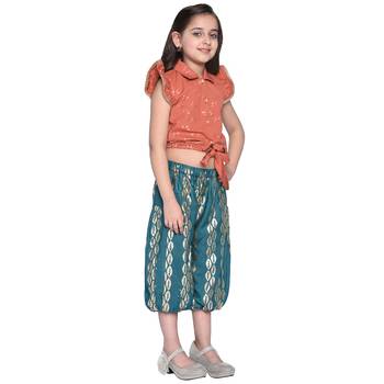 Green Printed Cotton Kids Shirt And Harem Pants 3