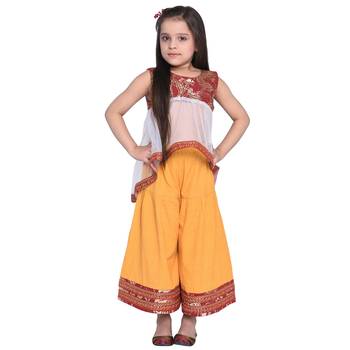 Yellow Printed Cotton Kids Kurti And Palazzo 1