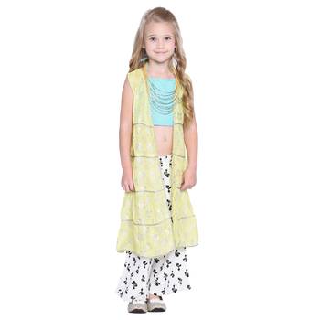 Yellow Printed Cotton Kids Top With Palazzo And Shrug 1