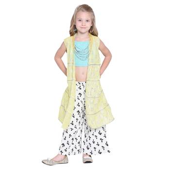 Yellow Printed Cotton Kids Top With Palazzo And Shrug 2