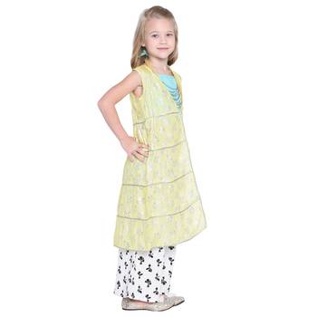 Yellow Printed Cotton Kids Top With Palazzo And Shrug 4