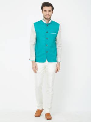 Green Plain Linen Nehru Jacket 1
