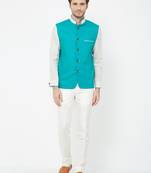 Green Plain Linen Nehru Jacket