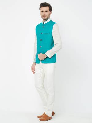 Green Plain Linen Nehru Jacket 2