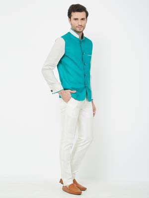 Green Plain Linen Nehru Jacket 3