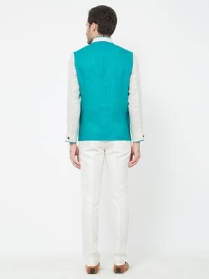 Green Plain Linen Nehru Jacket 4