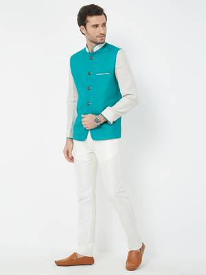 Green Plain Linen Nehru Jacket 5
