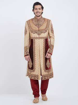 Maroon Dark & White Embroidered Art Silk Sherwani 1