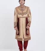 Maroon Dark & White Embroidered Art Silk Sherwani