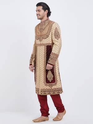 Maroon Dark & White Embroidered Art Silk Sherwani 2