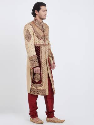 Maroon Dark & White Embroidered Art Silk Sherwani 3