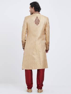 Maroon Dark & White Embroidered Art Silk Sherwani 4