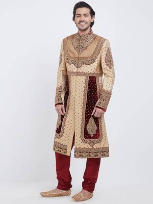 Maroon Dark & White Embroidered Art Silk Sherwani 5
