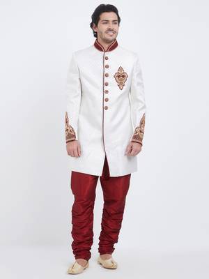 White Embroidered Art Silk Sherwani 4