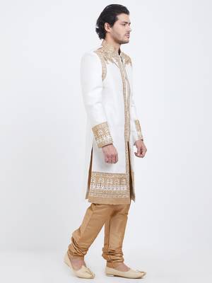 White Embroidered Art Silk Sherwani 3