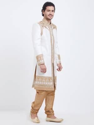 White Embroidered Art Silk Sherwani 5