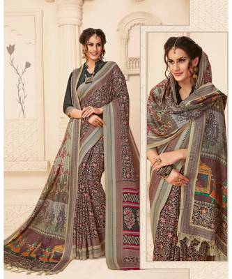 Grey Printed viscose saree with blouse with shawls 1