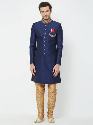 Navy Blue Embroidered Art Silk Sherwani 1