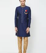 Navy Blue Embroidered Art Silk Sherwani
