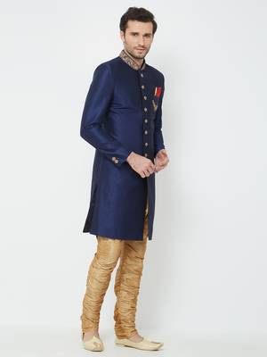 Navy Blue Embroidered Art Silk Sherwani 3