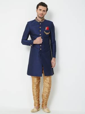 Navy Blue Embroidered Art Silk Sherwani 5