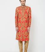 Red Embroidered Art Silk Sherwani