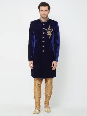 Navy Blue Embroidered Velvet Sherwani 1